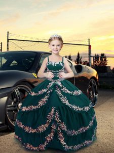 Nice Ball Gowns Girls Pageant Dresses Teal Straps Satin Sleeveless Floor Length Lace Up