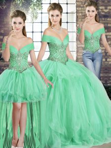 Wonderful Apple Green Sleeveless Beading and Ruffles Floor Length 15 Quinceanera Dress