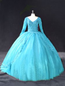 Fashionable Aqua Blue V-neck Lace Up Lace and Appliques Quinceanera Gowns Long Sleeves