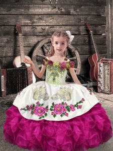 Ball Gowns Little Girl Pageant Dress Fuchsia Off The Shoulder Organza Sleeveless Floor Length Lace Up
