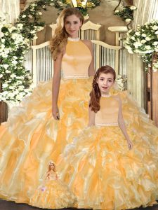 Halter Top Sleeveless 15 Quinceanera Dress Floor Length Beading and Ruffles Gold Organza