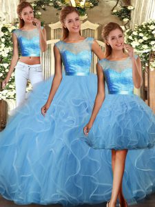 Smart Lace and Ruffles Quinceanera Dresses Baby Blue Backless Sleeveless Floor Length