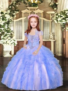 Blue And White Ball Gowns Tulle Straps Sleeveless Beading and Ruffles Floor Length Lace Up Child Pageant Dress