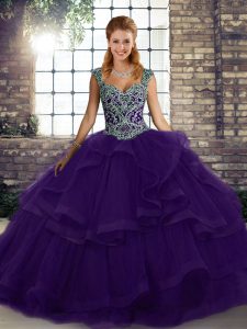 Purple Ball Gowns Tulle Straps Sleeveless Beading and Ruffles Floor Length Lace Up Quinceanera Dresses