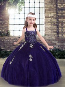 Fancy Purple Tulle Lace Up Straps Sleeveless Floor Length Kids Formal Wear Appliques