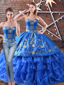 Custom Design Organza Sweetheart Sleeveless Lace Up Embroidery 15th Birthday Dress in Blue