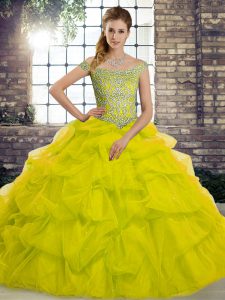 Clearance Yellow Green Off The Shoulder Neckline Beading and Pick Ups Quinceanera Gowns Sleeveless Lace Up