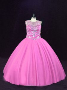 High Quality Sleeveless Tulle Floor Length Lace Up Quinceanera Dresses in Pink with Beading