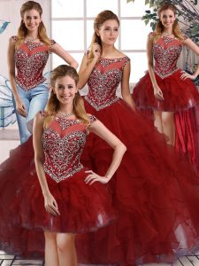 Burgundy Sleeveless Organza Zipper Sweet 16 Dresses for Military Ball and Sweet 16 and Quinceanera