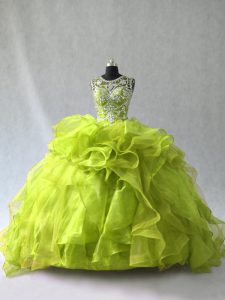 Yellow Green Ball Gowns Organza Scoop Sleeveless Beading and Ruffles Floor Length Lace Up 15th Birthday Dress
