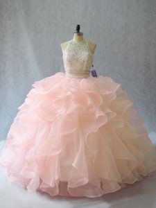 Inexpensive Peach Two Pieces Organza Halter Top Sleeveless Beading and Ruffles Backless Quinceanera Gowns Brush Train