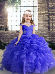 Excellent Straps Sleeveless Lace Up Girls Pageant Dresses Blue Organza