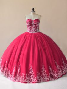 Red Ball Gowns Tulle Sweetheart Sleeveless Embroidery Floor Length Lace Up 15th Birthday Dress