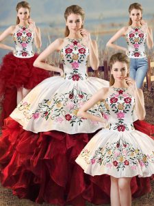 Sleeveless Floor Length Embroidery and Ruffles Lace Up Sweet 16 Quinceanera Dress with White And Red