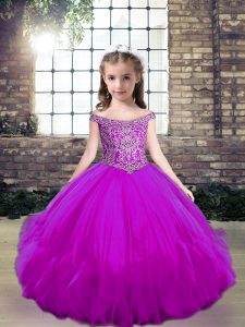 Floor Length Lace Up Glitz Pageant Dress Fuchsia for Party and Wedding Party with Beading