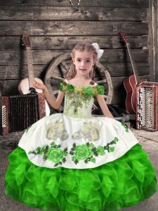 Green Off The Shoulder Lace Up Beading and Embroidery and Ruffles Little Girl Pageant Dress Sleeveless