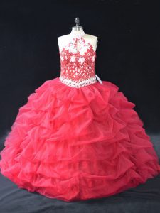 Red Organza Backless Halter Top Sleeveless Floor Length Quinceanera Dress Beading and Lace
