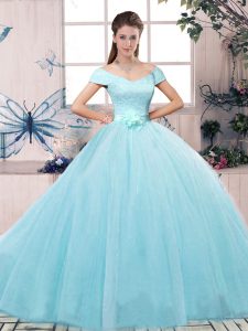 Luxury Tulle Off The Shoulder Short Sleeves Lace Up Lace and Hand Made Flower Quinceanera Gown in Aqua Blue
