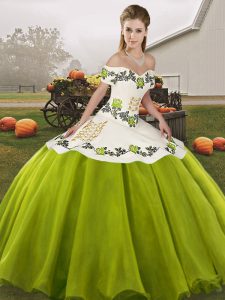Olive Green Ball Gowns Off The Shoulder Sleeveless Organza Floor Length Lace Up Embroidery Sweet 16 Quinceanera Dress