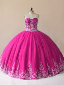 Fuchsia Sleeveless Floor Length Embroidery Lace Up 15th Birthday Dress