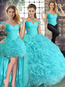 Fine Aqua Blue Sleeveless Floor Length Beading Lace Up 15th Birthday Dress