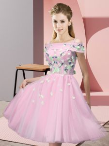 Baby Pink Empire Off The Shoulder Short Sleeves Tulle Knee Length Lace Up Appliques Vestidos de Damas