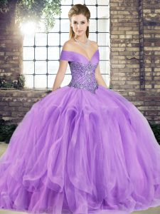 Lavender Ball Gowns Off The Shoulder Sleeveless Tulle Floor Length Lace Up Beading and Ruffles Ball Gown Prom Dress