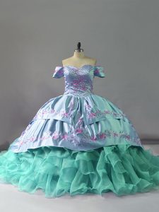 Blue Quinceanera Dresses Off The Shoulder Sleeveless Chapel Train Lace Up