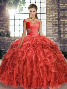 Modern Coral Red Organza Lace Up Off The Shoulder Sleeveless 15 Quinceanera Dress Brush Train Beading and Ruffles