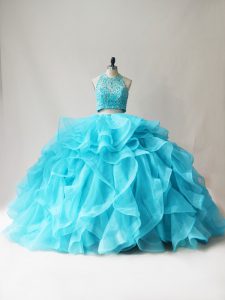 Halter Top Sleeveless 15th Birthday Dress Floor Length Beading and Ruffles Aqua Blue Organza