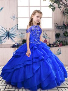 Ball Gowns Girls Pageant Dresses Royal Blue Scoop Organza Sleeveless Floor Length Lace Up