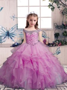 Pretty Sleeveless Floor Length Beading and Ruffles Lace Up Little Girls Pageant Gowns with Lilac