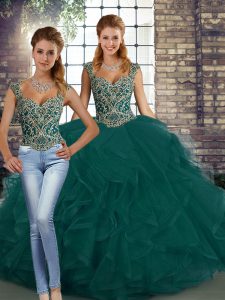 Discount Peacock Green Two Pieces Beading and Ruffles Vestidos de Quinceanera Lace Up Tulle Sleeveless Floor Length