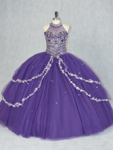 Cute Purple Halter Top Lace Up Beading Party Dress for Girls Sleeveless