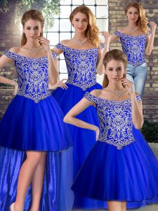Suitable Sleeveless Beading Lace Up Ball Gown Prom Dress with Royal Blue Brush Train