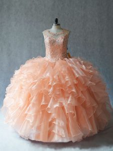 Flirting Organza Scoop Sleeveless Lace Up Beading and Ruffles Quinceanera Dress in Peach