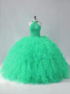 Sleeveless Beading and Ruffles Lace Up Quinceanera Gowns with Turquoise