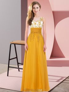 Gold Empire Appliques Dama Dress for Quinceanera Backless Chiffon Sleeveless Floor Length