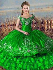 Great Satin Off The Shoulder Sleeveless Lace Up Embroidery and Ruffled Layers Quinceanera Dresses in Green