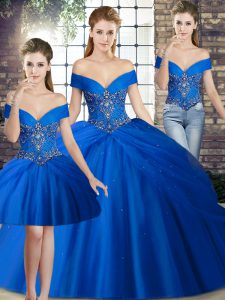 Noble Royal Blue Sleeveless Tulle Brush Train Lace Up Sweet 16 Quinceanera Dress for Military Ball and Sweet 16 and Quinceanera