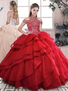 Red High-neck Lace Up Beading and Ruffled Layers Vestidos de Quinceanera Sleeveless