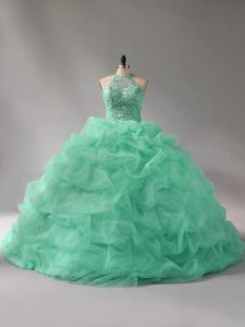 Apple Green 15th Birthday Dress Sweet 16 and Quinceanera with Beading and Pick Ups Halter Top Sleeveless Court Train Lace Up