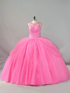 Rose Pink Ball Gowns Beading and Appliques Quinceanera Gown Lace Up Tulle Sleeveless