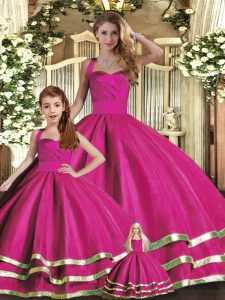 Fuchsia Ball Gowns Tulle Halter Top Sleeveless Ruffled Layers Floor Length Lace Up Quince Ball Gowns