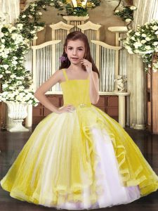 Yellow Tulle Lace Up Little Girl Pageant Gowns Sleeveless Floor Length Beading