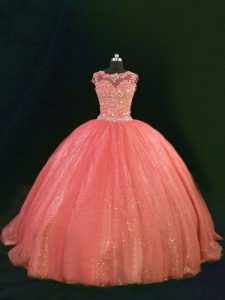 Luxurious Orange Ball Gowns Tulle Scoop Sleeveless Beading and Lace Floor Length Lace Up Quinceanera Dress