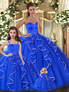 Hot Selling Floor Length Blue Sweet 16 Quinceanera Dress Tulle Sleeveless Beading and Ruffles