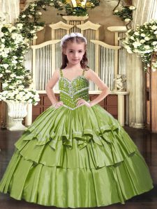 Adorable Olive Green Sleeveless Floor Length Beading and Ruffled Layers Lace Up Pageant Dress Womens