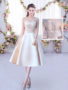 Chic Champagne Scoop Neckline Lace and Belt Dama Dress for Quinceanera Sleeveless Lace Up