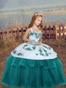 Cheap Teal Sleeveless Embroidery Floor Length Girls Pageant Dresses